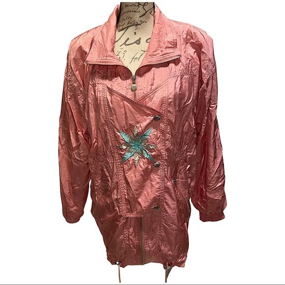 Vintage 80s Pink Seashell Grandma Oversized Windbreaker Sz M Shell Button - Picture 1 of 11